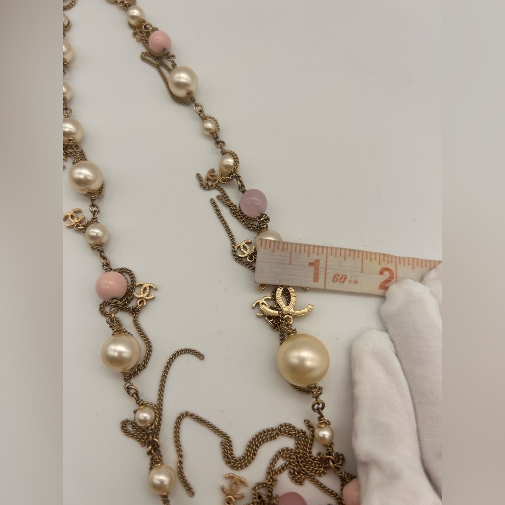 Chanel 100% Authentic Pearl 3 Large CC Long Necklace Silver Pink Tone 20 Inch - Picture 9 of 11